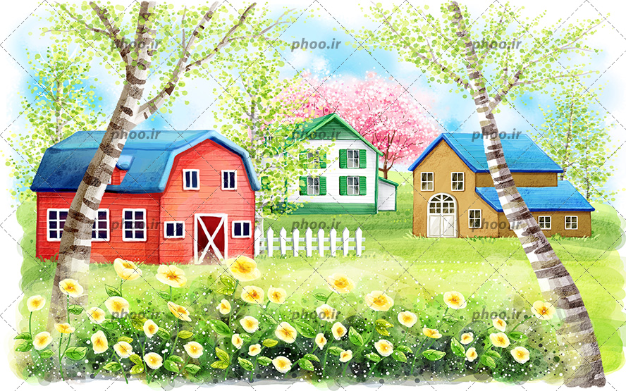 عکس با کیفیت نقاشی سه خانه زیبا در رنگ های مختلف در طبیعت بکر با درختان و گل های زیبا