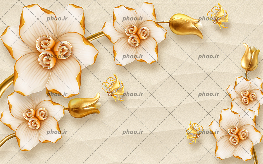 عکس با کیفیت غنچه های طلایی همراه با گل های زیبای شکفته شده مناسب برای والپیپر