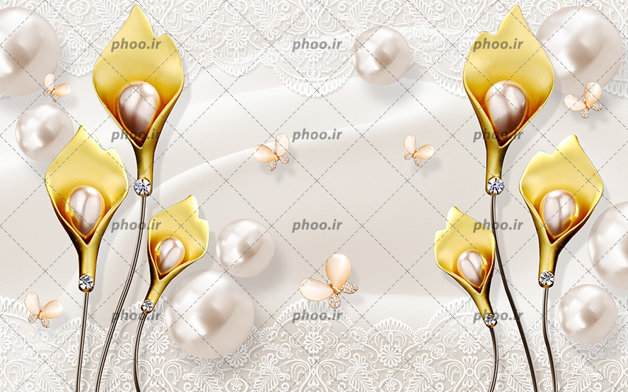عکس با کیفیت کاغذ دیواری و والپیپر با طرح گل شیپوری به زنگ طلایی در کنار مروارید های سفید