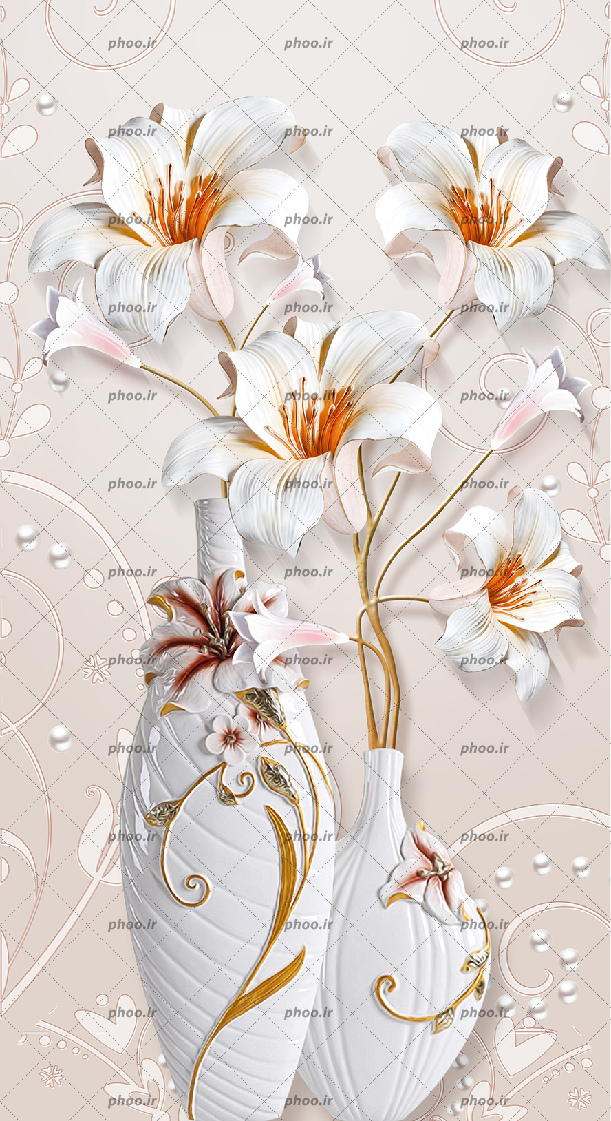 عکس با کیفیت دو گلدان سفید در کنار یکدیگر با گل های لیلیوم به رنگ سفید مناسب والپیپر و دیوارپوش ها