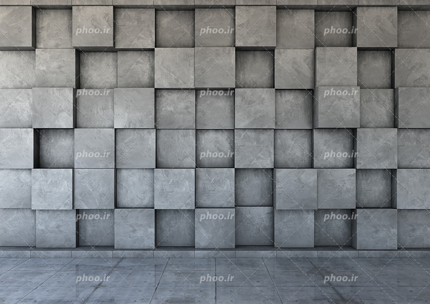 عکس با کیفیت دیوار سه بعدی با طرح مربع های چیده شده در کنار یکدیگر به صورت نامنظم