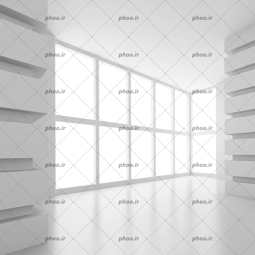 عکس با کیفیت دیوارپوش و کاغذ دیواری سه بعدی با طرح فضای داخلی اتاق با پنجره های بزرگ و نورگیر و ستون های تراشکاری شده