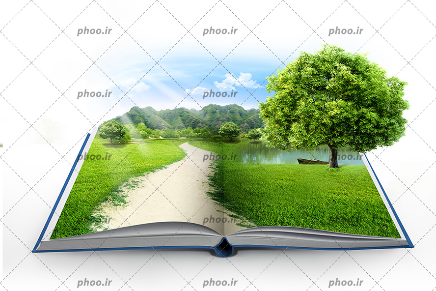 عکس با کیفیت درخت در کنار تپه های سرسبز و رود بر روی صفحات کتاب پوشیده شده از چمن به منظور حفاظت از محیط زیست