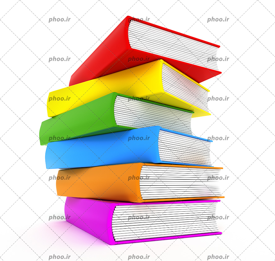 عکس با کیفیت کتاب هایی با جلد های رنگارنگ چیده شده بر روی یکدیگر به طور نامنظم در پس زمینه سفید