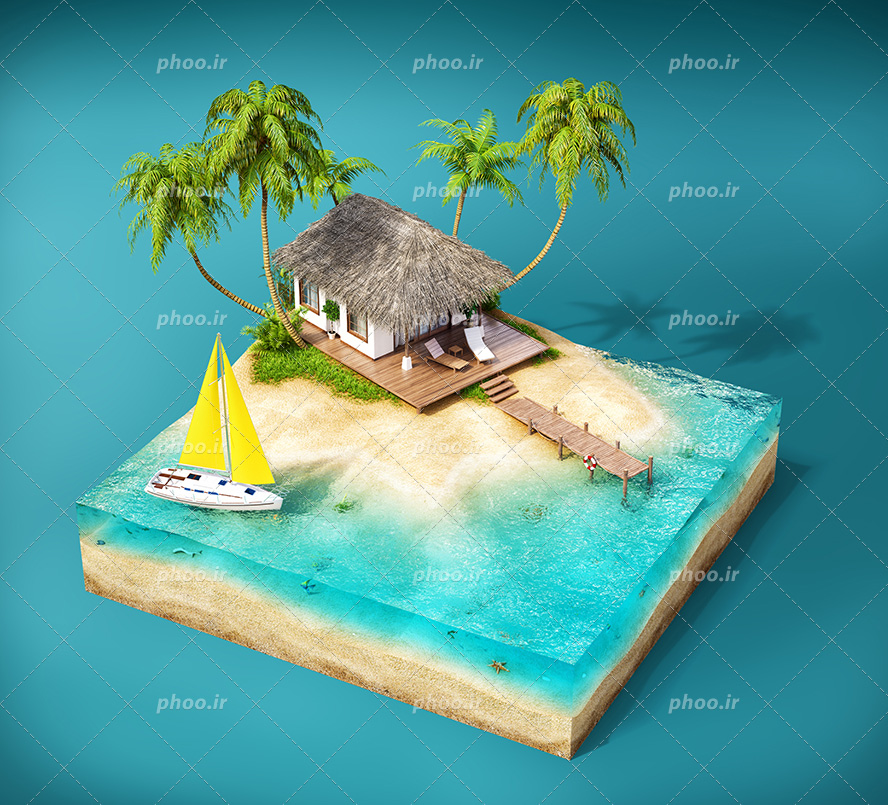 عکس با کیفیت یک قطعه از مین به شکل مربع و قرار گرفتن جزیره و کلبه چوبی و قایق و درختان سر سبز روی آن