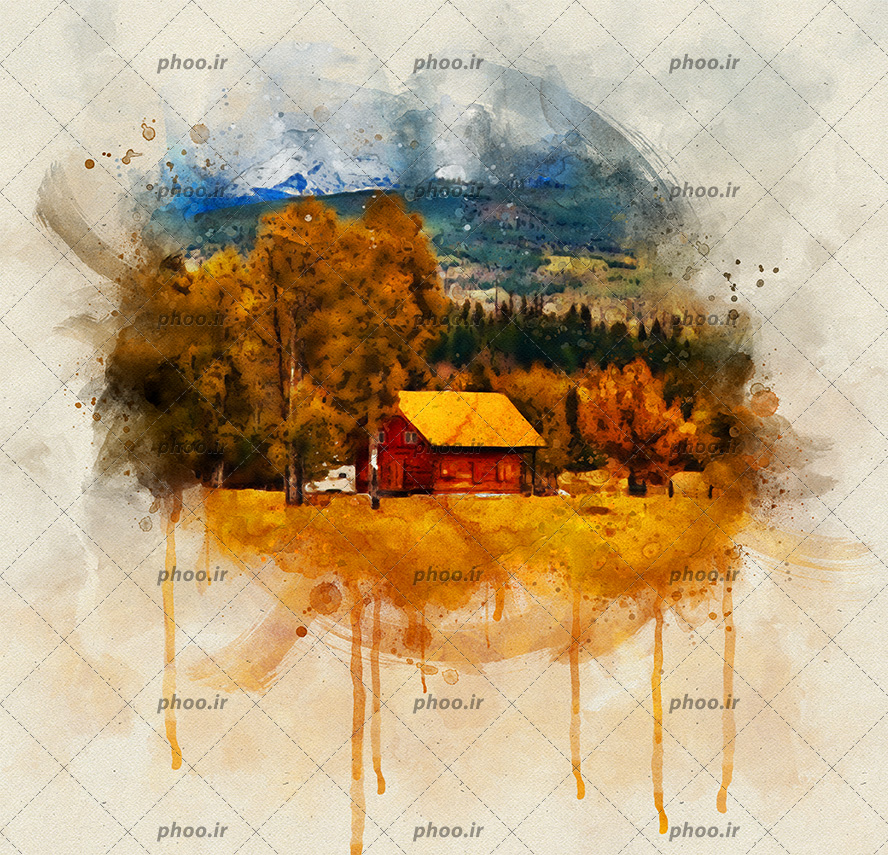 نقاشی با آبرنگ از کلبه و درختان در مزرعه و کوهای برفی در پشت آنها