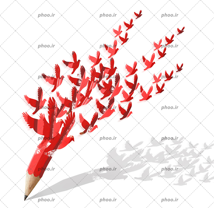 عکس با کیفیت مداد مشکی با بدنه ی قرمز و پرنده های قرمز از جنس مداد در حال پرواز به سمت زمینه ی سفید