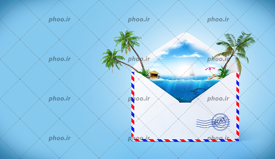 عکس با کیفیت دریا و جزیره با درخت های نخل داخل پاکت نامه سفید در پس زمینه آبی