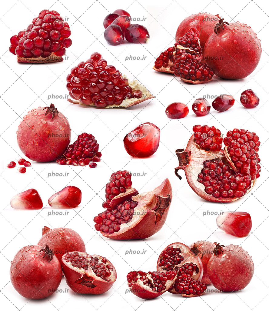 عکس با کیفیت انار های قرمز نصف شده در کنار دانه های انار از زوایای مختلف