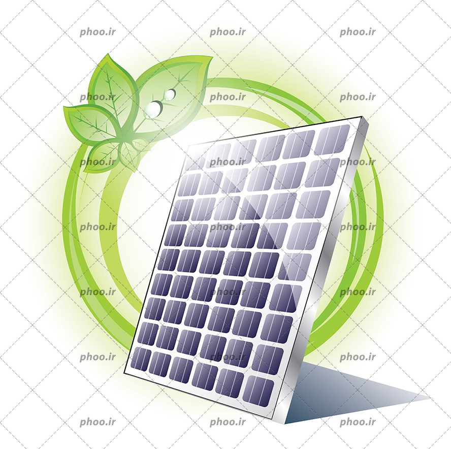 عکس با کیفیت وکتور رنگی پنل های خورشیدی و گل دایره ای سبز رنگ در پشت آن در پس زمینه سفید