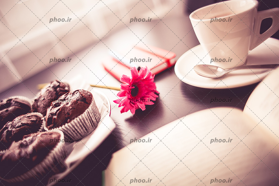 عکس با کیفیت کاپ کیک های شکلاتی در ظرف کنار فنجان سفید و گل ژربرای صورتی و کتاب
