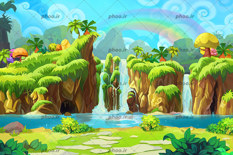 عکس با کیفیت صخره های کوتاه و بلند در میان رود و در کنار آبشار زیبا و رنگین کمان در گوشه ای از تصویر