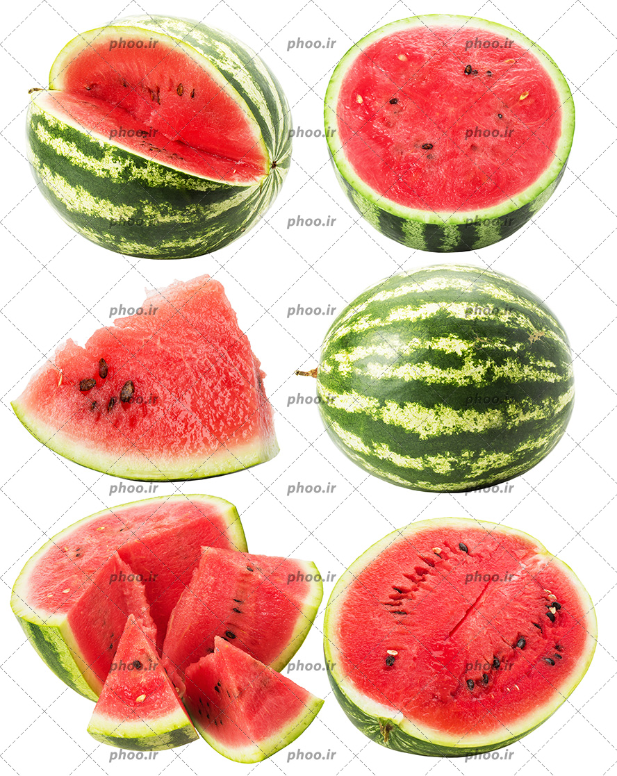عکس با کیفیت قاچ های هندوانه در کنار هندوانه کامل در زاویه های مختلف