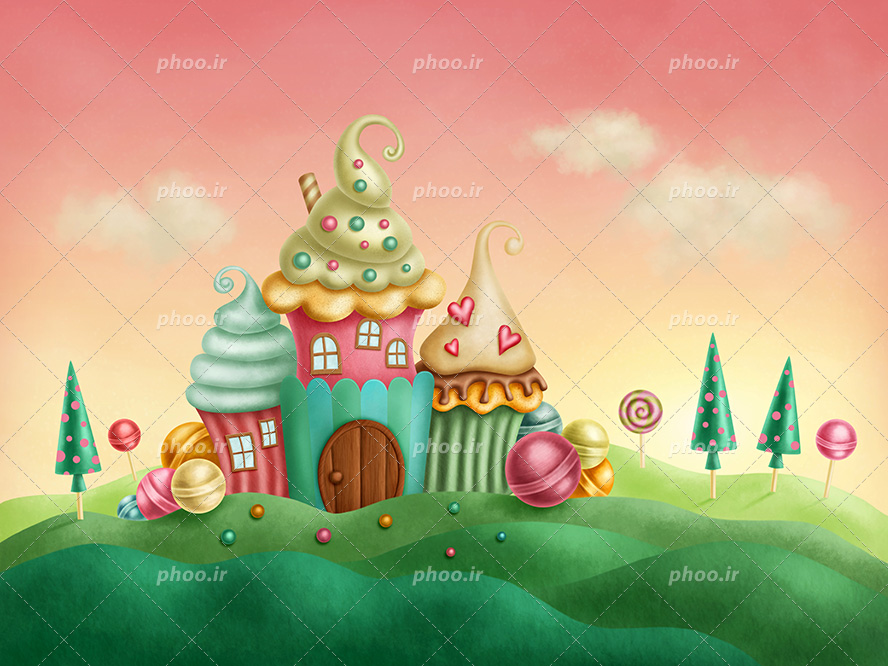 عکس با کیفیت خانه های انیمیشنی شبیه به کاپ کیک و آبنبات های گرد در اطراف و به شکل درخت