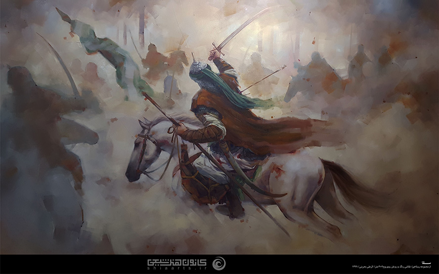 عکس با کیفیت طرح یا پوستر شهادت حضرت عباس (ع) تصویر سازی واقعه عاشورا از حضرت عباس بر روی اسب سفید در حال جنگیدن