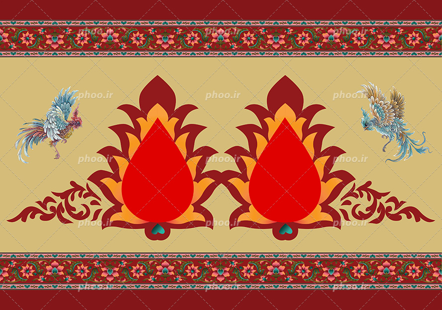 عکس با کیفیت پس زمینه کرمی دو کادر به شکل گل های شاه عباسی به رنگ زرد و قرمز و نارنجی و دو پرنده زیبا در اطراف کادر ها