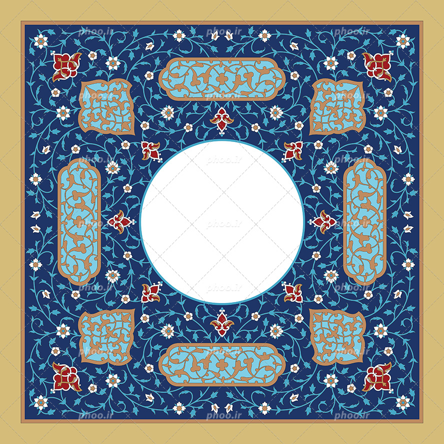 عکس با کیفیت کادر مربعی زیبا به رنگ آبی و نقوش اسلیمی و کادر دایره ای سفید و قاب نخودی رنگ