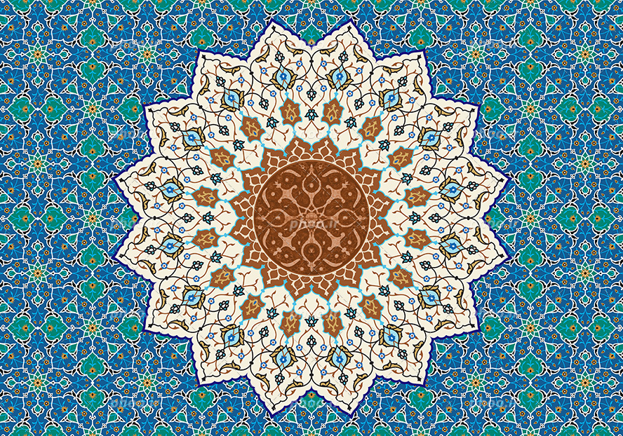 عکس با کیفیت زمینه تزئین شده با نقوش هندسی به رنگ آبی و شمسه زیبا به رنگ کرمی تزئین شده با نقوش اسلیمی