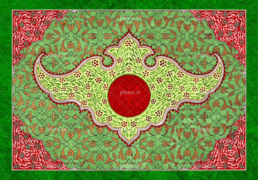 عکس با کیفیت قاب با زمینه سبز و همراه خطوط اسلیمی و و قاب بازمینه قرمز