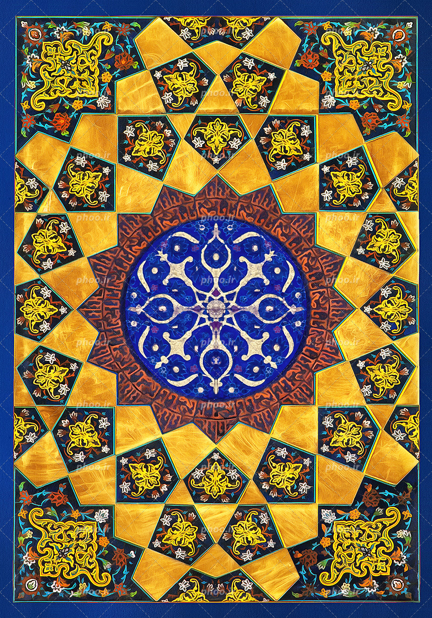 عکس با کیفیت قاب زیبا با نقوش هندسی به رنگ زرد به همراه خطوط اسلیمی