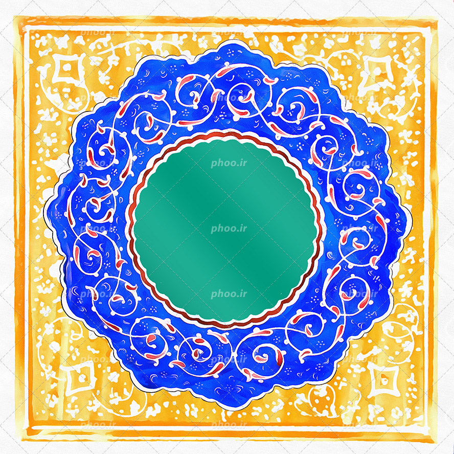 عکس با کیفیت مربع نارنجی و شمسه ای به رنگ آبی با تزیین نقوش اسلیمی در آن و دایره ای به رنگ سبز آبی در شمسه
