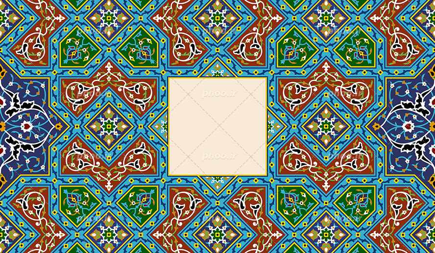 عکس با کیفیت کادر مربعی کرمی و خطوط هندسی زیبا در کنار نقوش اسلیمی زیبا به رنگ آبی و سرمه ای و قرمز و سبز در اطراف مربع