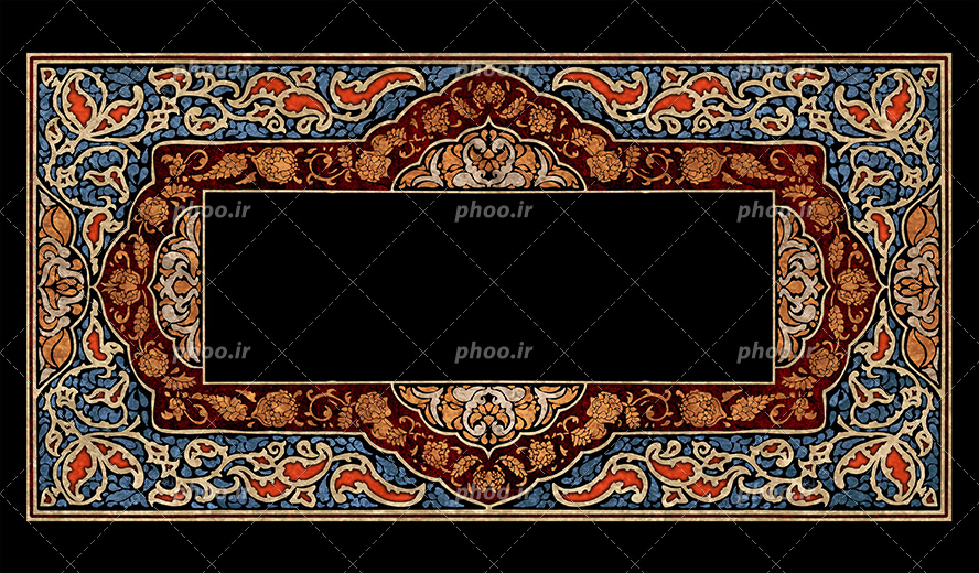 عکس با کیفیت کادر مستطیلی و پس زمینه مشکی و نقوش اسلیمی در اطراف کادر به رنگ قرمز و کرمی
