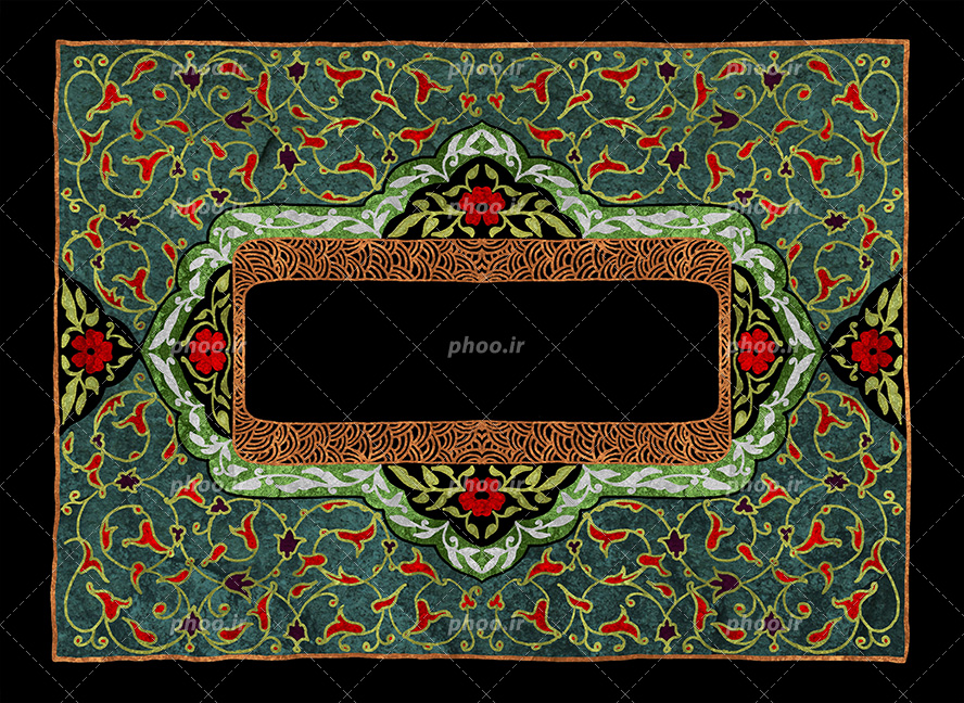 عکس با کیفیت پس زمینه به رنگ مشکی و قاب با زمینه به رنگ سبز و تزئین شده با خطوط اسلیمی به رنگ قرمز