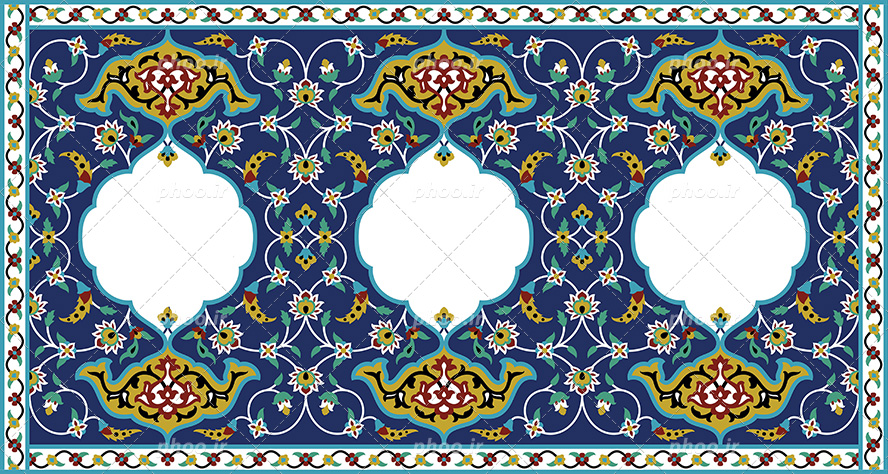 عکس با کیفیت زمینه به رنگ سرمه ای و تزئین شده با خطوط اسلیمی و سه قاب با زمینه سفید