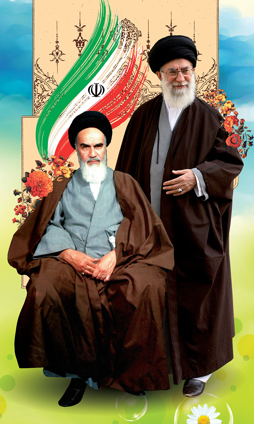 عکس با کیفیت حضرت خامنه ای ایستاده در کنار امام خمینی (ره) و قاب زیبا تزئین شده با گل مرغ در پس زمینه