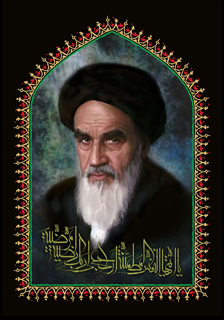 عکس با کیفیت پس زمینه به رنگ مشکی و قاب شبیه به محراب رنگارنگ و تصویر چهره ی امام خمینی (ره) در قاب