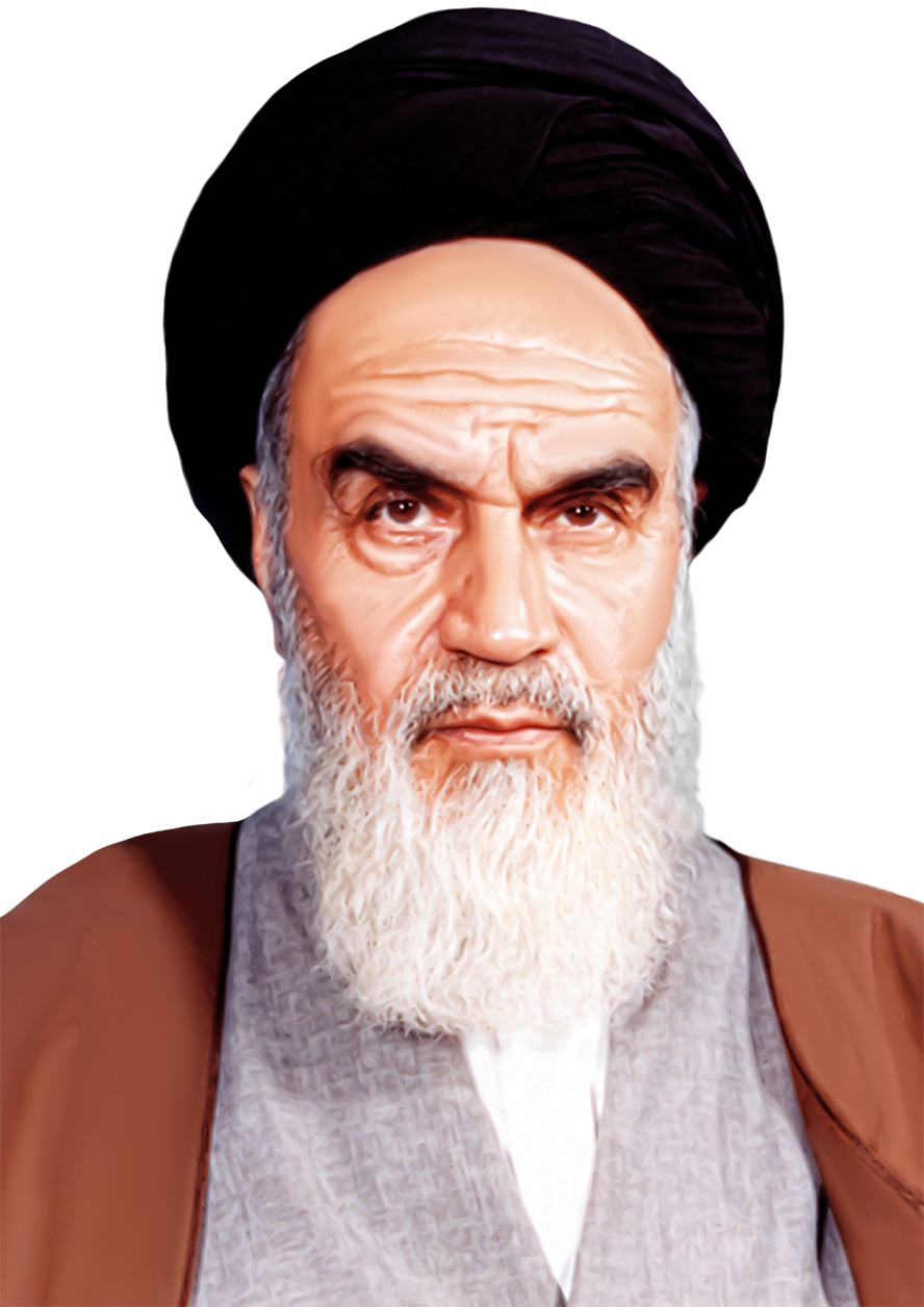 عکس با کیفیت امام خمینی (ره) با عمامه مشکی و عبا قهوه ای و پس زمینه به رنگ سفید