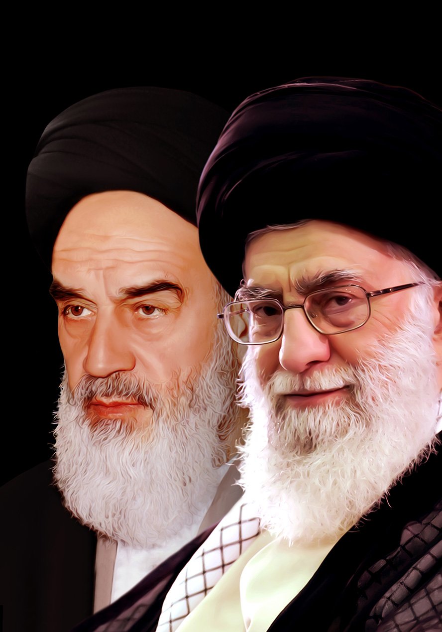 عکس با کیفیت تصویر امام خمینی و آیت الله خامنه ای با عبا و عمامه در پس زمینه مشکی