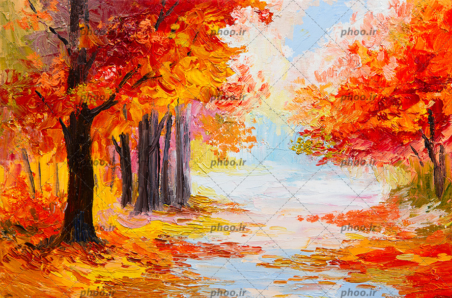 عکس با کیفیت نقاشی جنگل با درختان پاییزی به رنگ زرد و نارنجی زیبا و رود جاری از بین درختان
