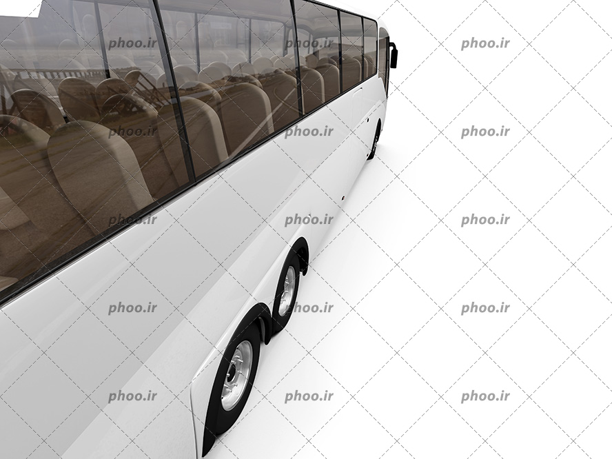 عکس یک اتوبوس سفید با پنجره هایی که از پشت آن صندلی های اتوبوس دیده می شود