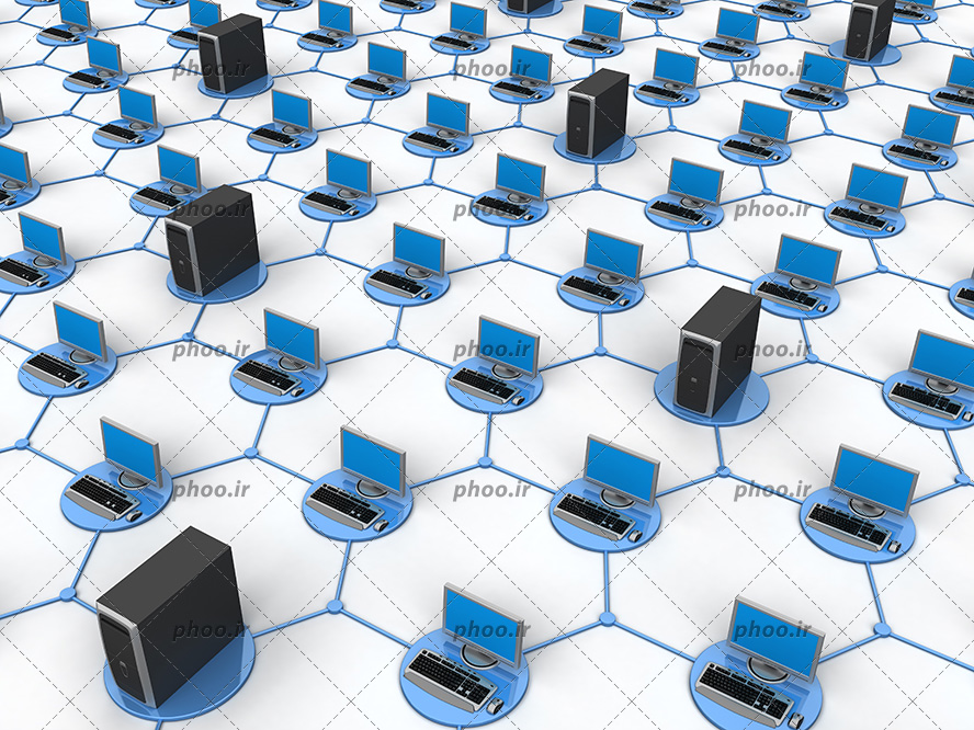 عکس یه شبکه متصل بین کیس های کامپیوتر و مانیتور ها