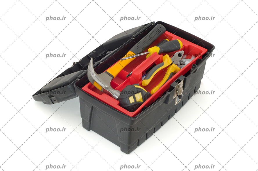 عکس جعبه ابزار با دو رنگ مشکی و قرمز با ابزار های داخل آن از زاویه ی بالا