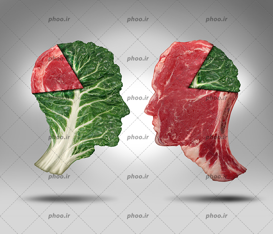 عکس با کیفیت یک تکه گوشت و یک برگ کاهو به شکل سر انسان رو به روی یک دیگر