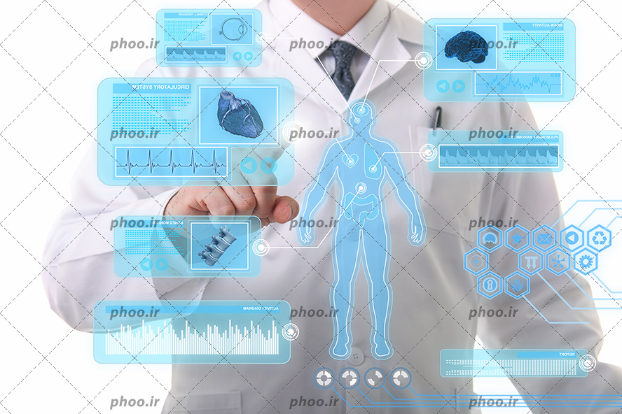 عکس با کیفیت پزشک در حال برسی آناتومی بدن انسان در مانیتور شیشه ای