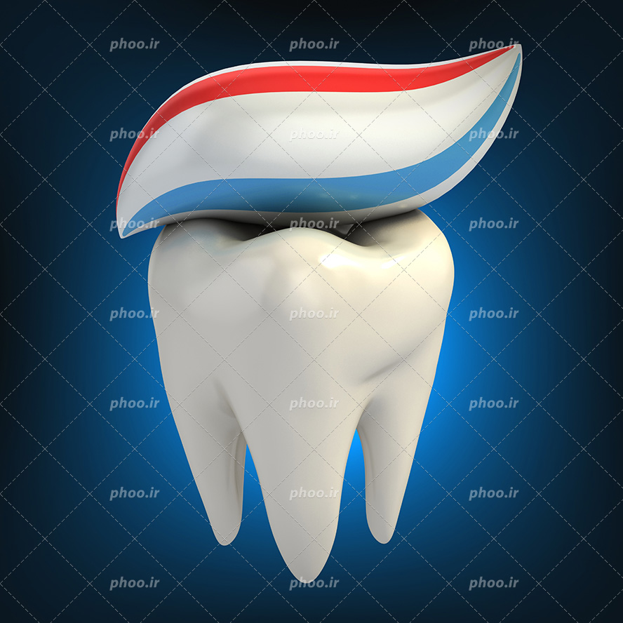 عکس با کیفیت خمیردندان سه رنگ بر روی دندان و بک گراند به رنگ آبی سرمه ای