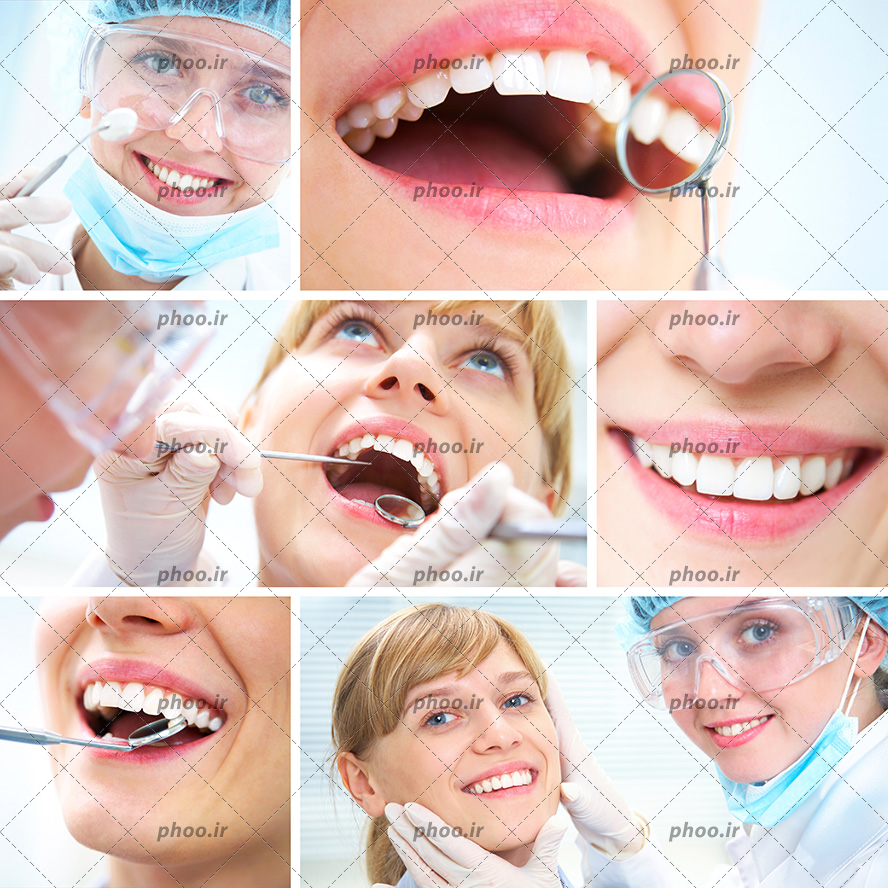 عکس با کیفیت پزشک با عینک ایمنی و آینه مقعر در دست آینه مقعر در مقایب دندان های زن پزشک در حال معینه دندان های زن و زن با لبخندی زیبا و دندان های سفید و پزشک و بیمار در حال لبخند زدن
