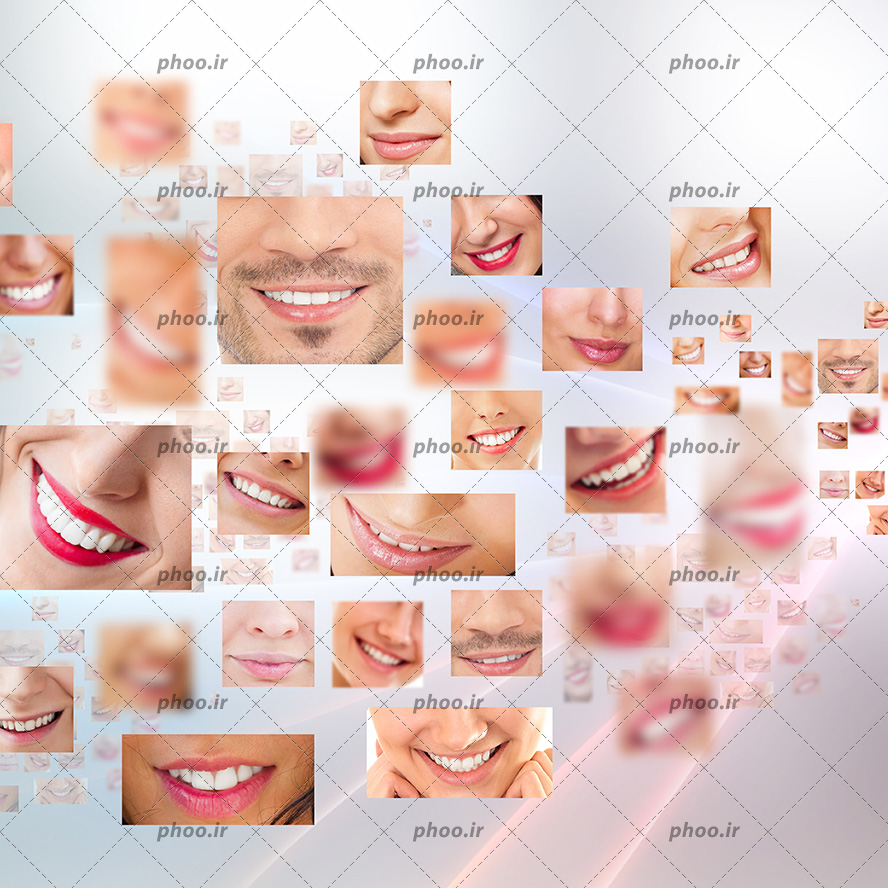 عکس با کیفیت لبخند های زیبای مردان و زن ها با دندان های سفید و براقشون در مربع های کوچک قرار گرفته در کنار یکدیگر به شکل نا منظم و بک گراند به رنگ خاکستری و پرتوهای نور رنگی در پس زمینه