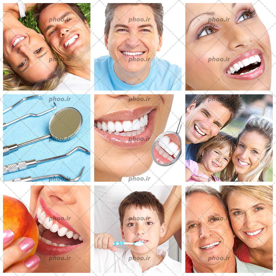 عکس با کیفیت زن و مرد در حال خندیدن با دندان های سفید و تجهیزات دندانپزشکی و کودک در حال مسواک زدن و زن در حال خوردن میوه و خانواده خوشحال با دندان های سالم و سفید