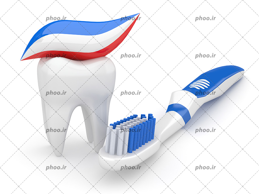 عکس با کیفیت خمیر دندان به رنگ سفید قرمز و آبی بر روی یک دندان درخشان در کنارش مسواک به رنگ آبی