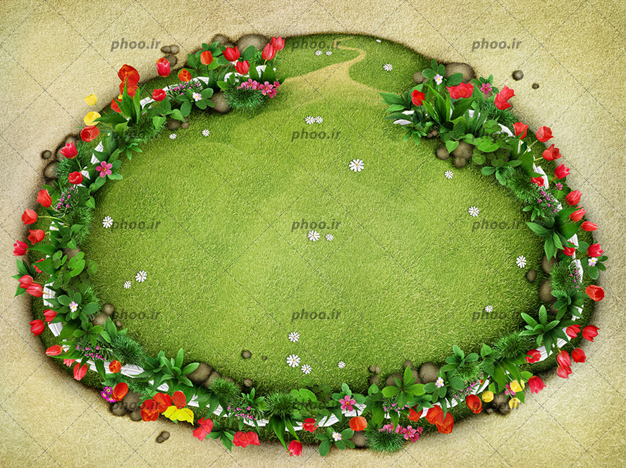 عکس با کیفیت گل های لاله همراه با برگ های سبز در کنار یکدیگر به شکل باغچه ی دایره و داخل باغچه پر شده از چمن های سبز و گل های سفید کوچک