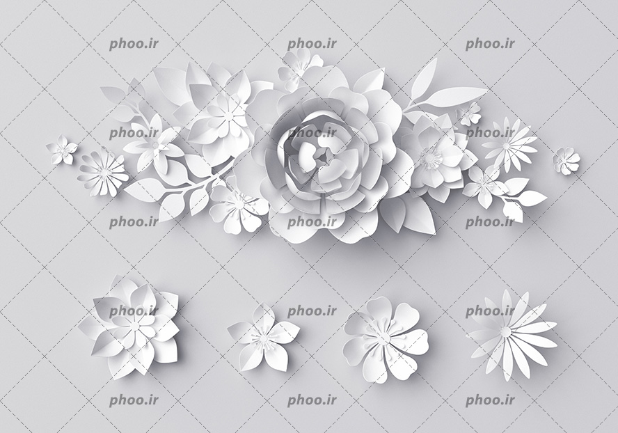 عکس با کیفیت دسته گل کاغذی سه بعدی به رنگ سفید و چند مدل گل کاغذی چیده شده در کنارش