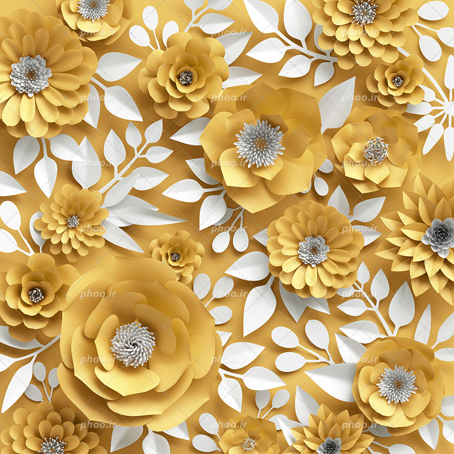 عکس با کیفیت گل های برجسته به رنگ زرد همراه با برگ های سفید مناسب برای دیوارپوش ها و والپیپر