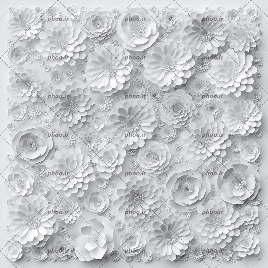 عکس با کیفیت انواع گل های برجسته کاغذی به رنگ سفید چیده شده در کنار یکدیگر در کادر مربعی شکل مناسب برای والپیپر و دیوارپوش ها