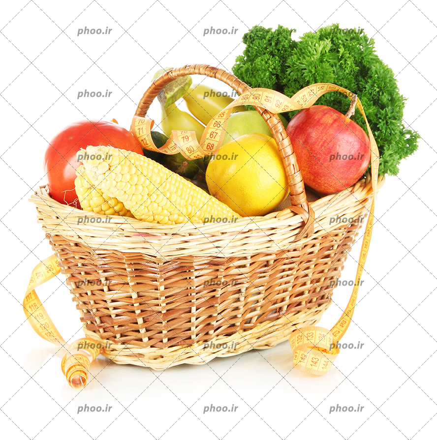 عکس با کیفیت انواع سبزیجات شامل کرفس و ذرت و لیمو تازه و موز و سیب و گوجه و خیار و متر به منظور رژیم غذایی