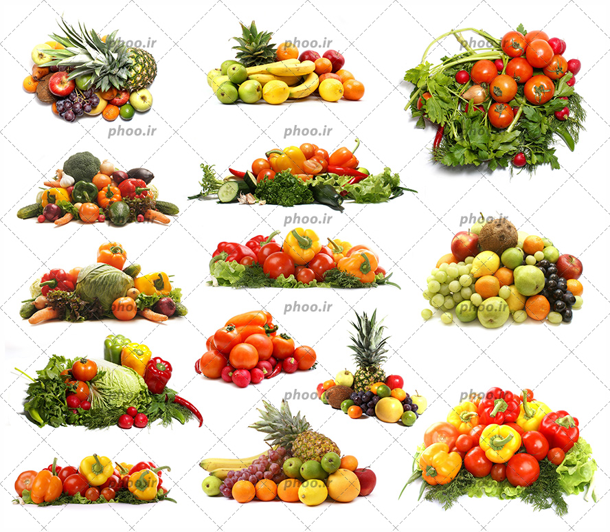 عکس با کیفیت انواع سبزیجات و میوه تازه و خوشمزه چیده شده بر روی یکدیگر در پس زمینه سفید